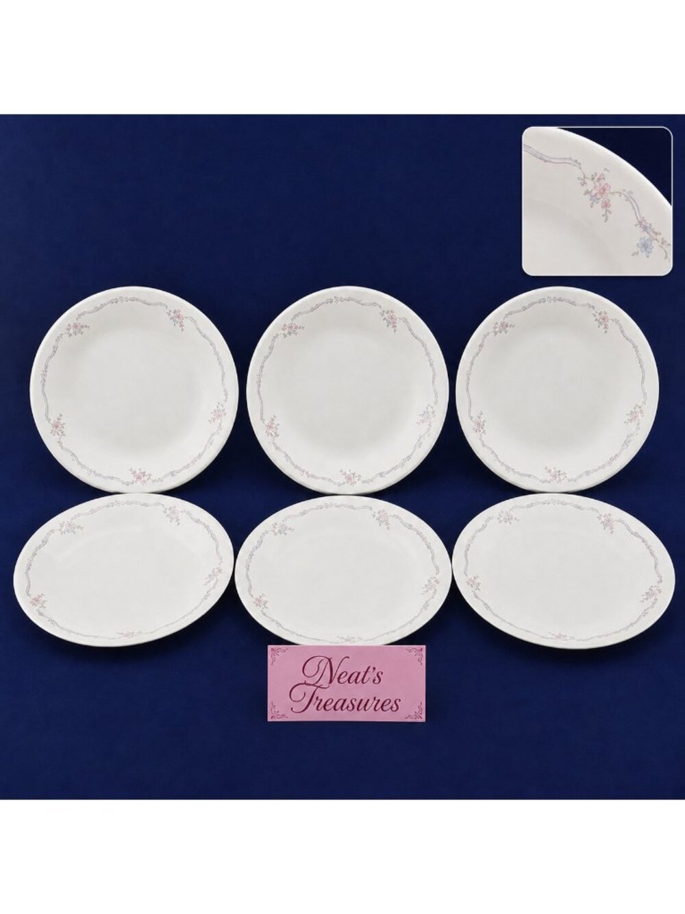 CORELLE English Breakfast Pink Blue Flower Ribbon Beige Dessert Side Plate Set 6